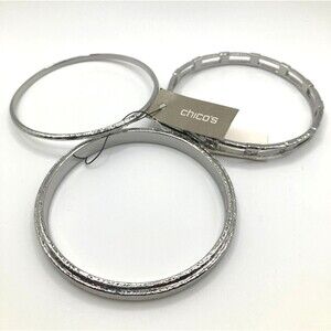 CHICO'S Silver Tone Rustic Chic Hammered Style Stack Bangle Bracelets Size 8